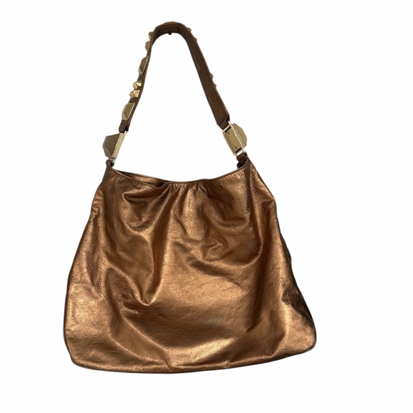 Betsey Johnson Metallic Bronze Hobo Bag Chunky Gold Stud Handle Faux Leather - Picture 2 of 7